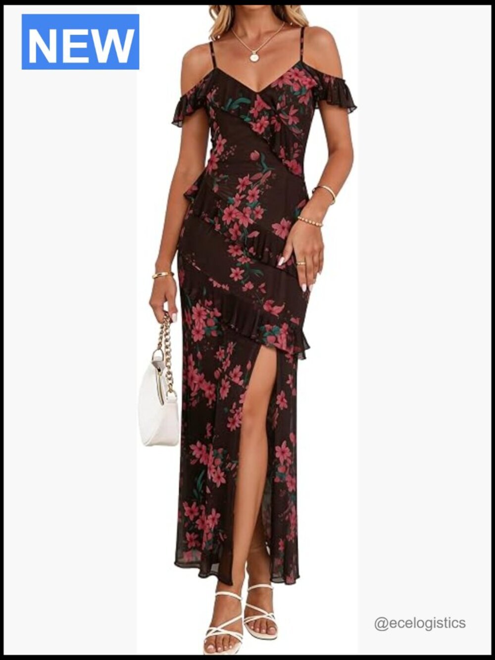 Cold Shoulder Split Thigh Boho Maxi Dress Summer Beach Outfit